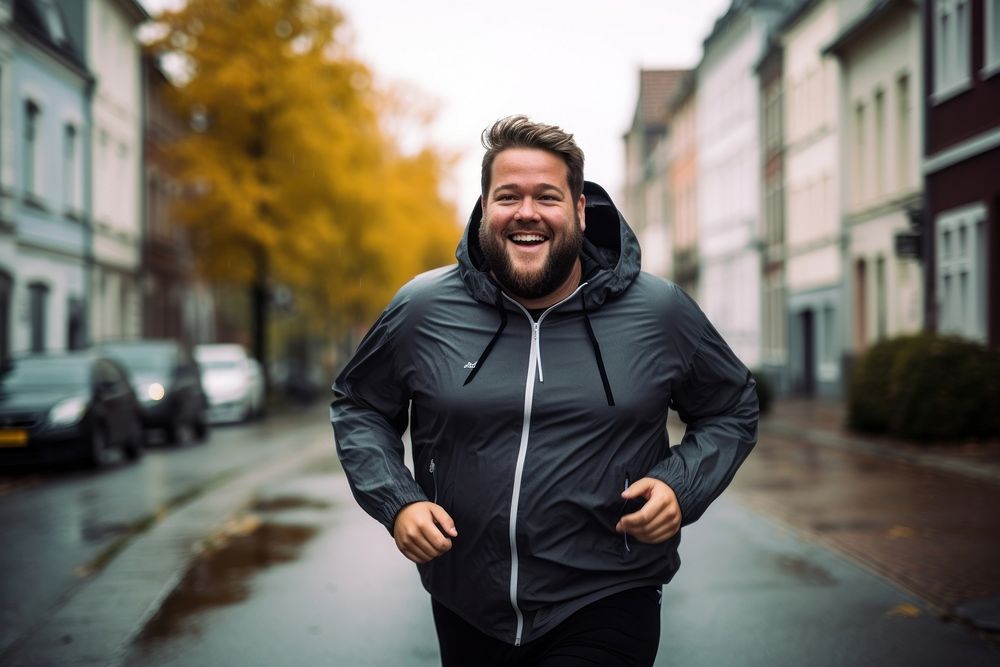 Jogging laughing smiling jacket. 