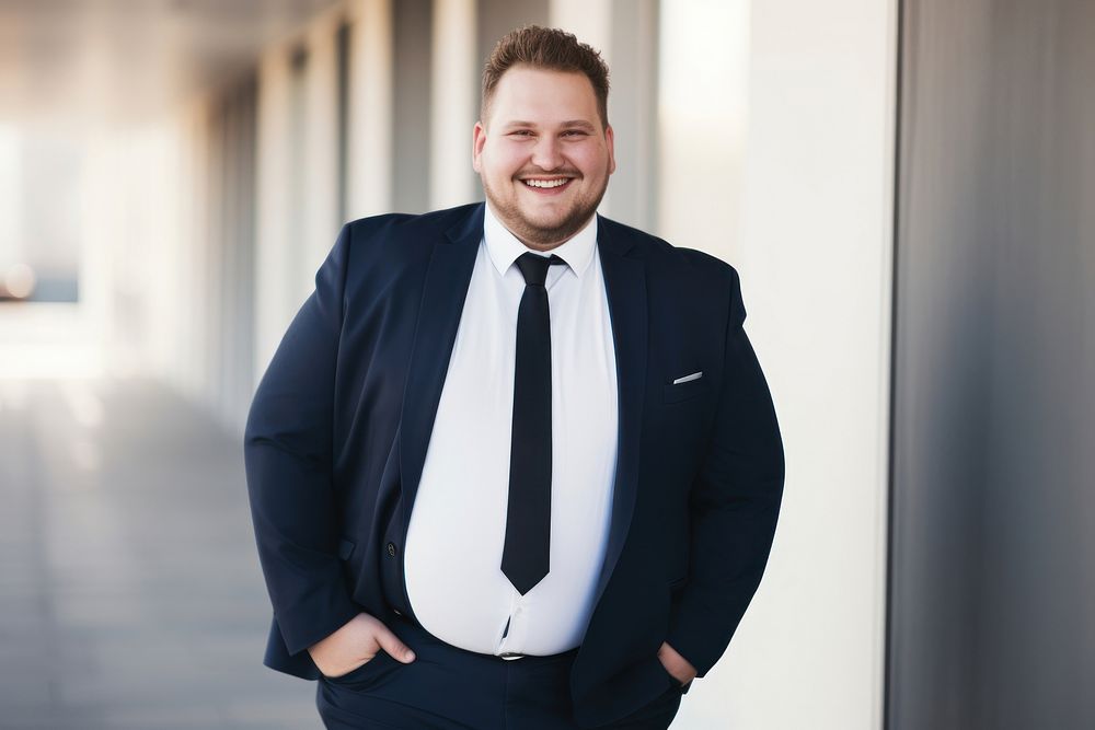 Plus size man smiling blazer office. 