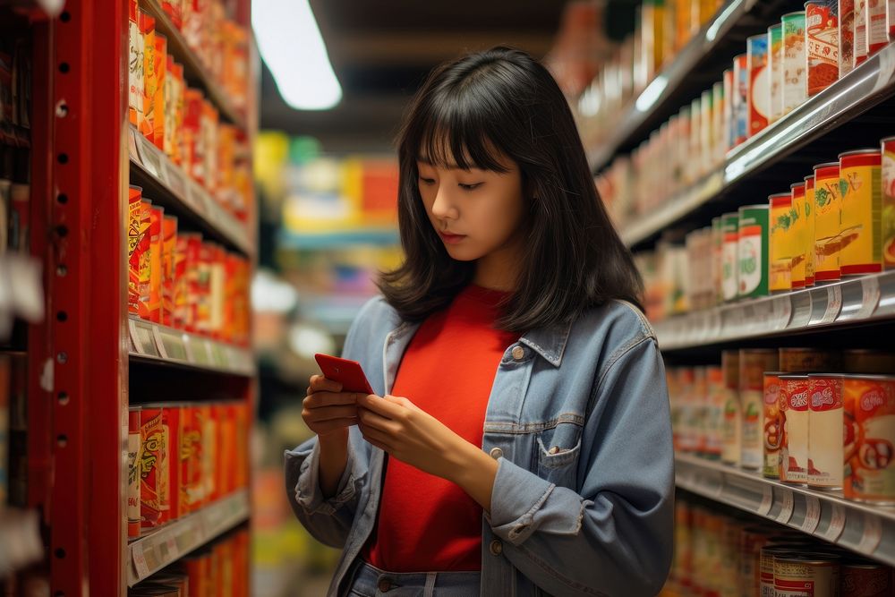 Asian woman supermarket reading shelf. AI generated Image by rawpixel.