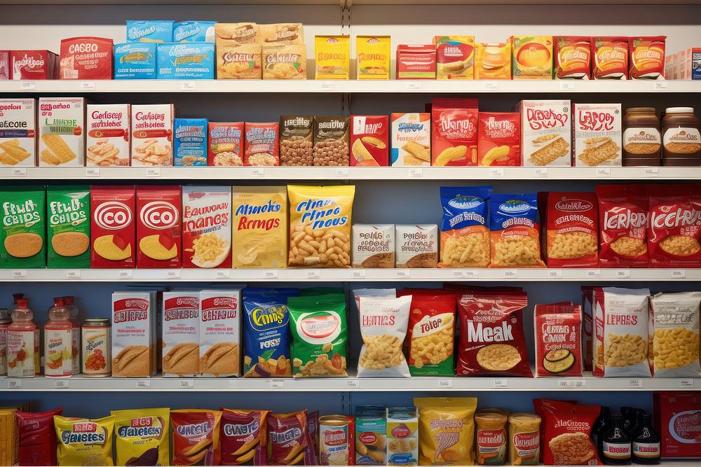 Supermarket shelf pantry food. 