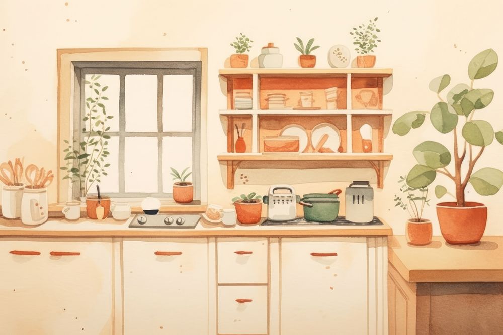 Warm kitchen furniture cabinet shelf. AI generated Image by rawpixel.