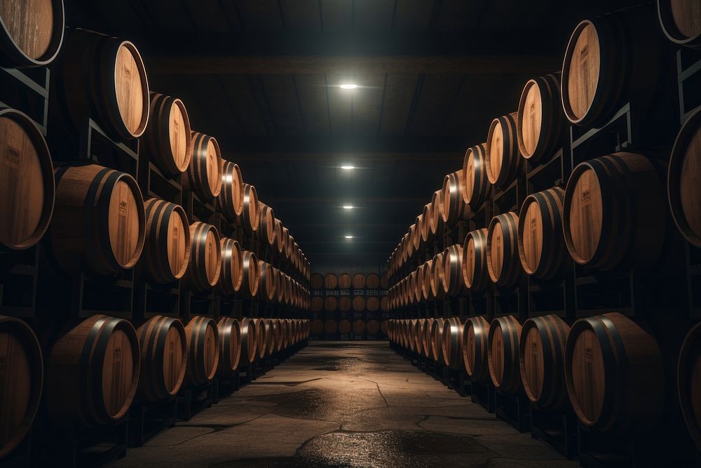 Wine aging tunnel Wine barrels architecture arrangement. 