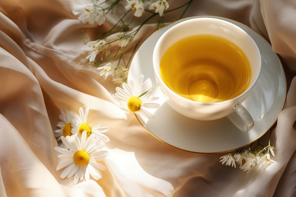 Chamomile tea cup saucer flower. AI generated Image by rawpixel.