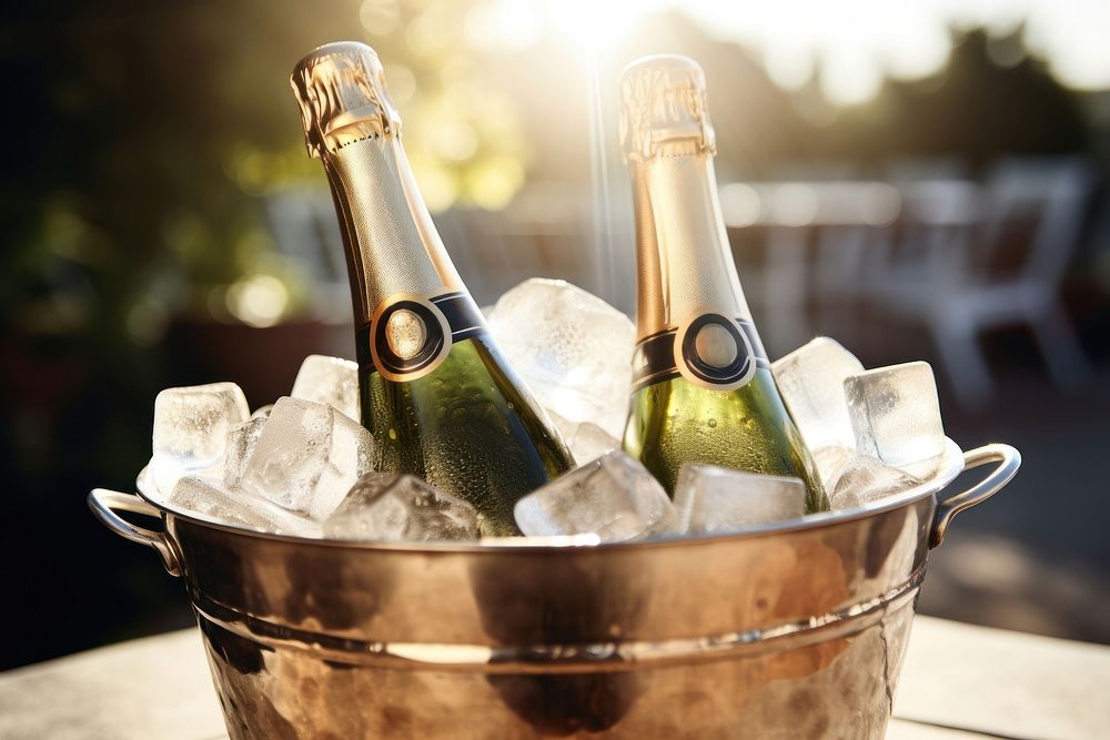 Champagne on ice, sunny day. AI generated image by rawpixel.
