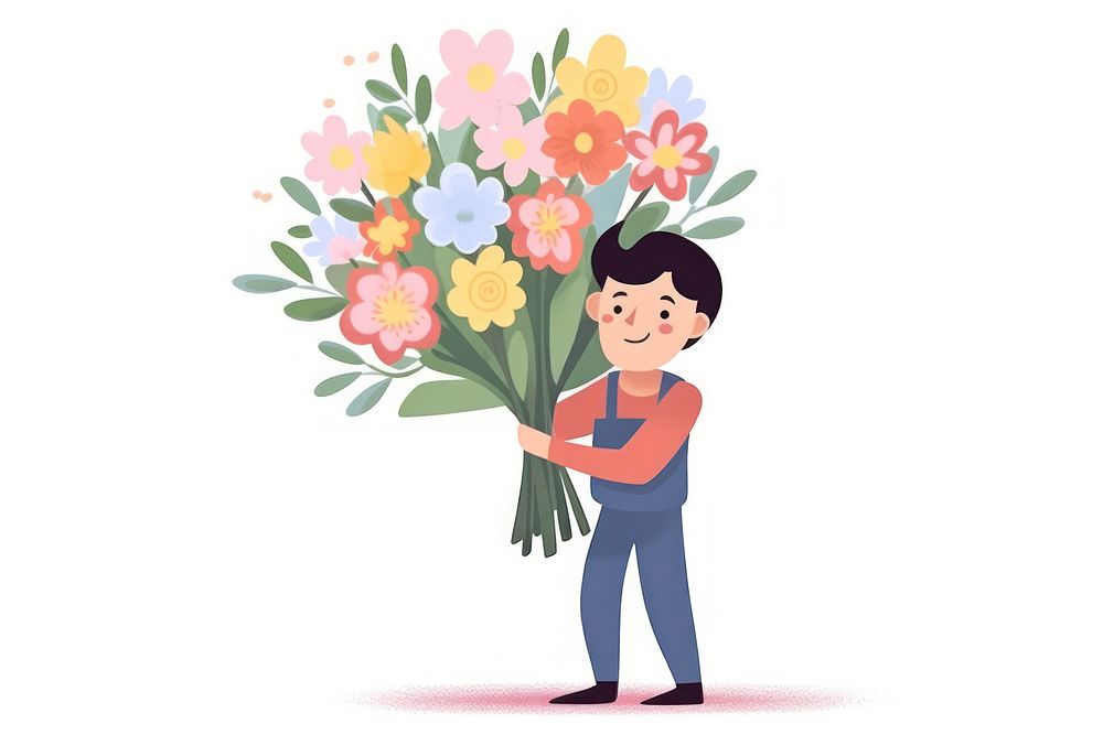 Man delivering a huge flower bouquet cartoon plant white background. AI generated Image by rawpixel.