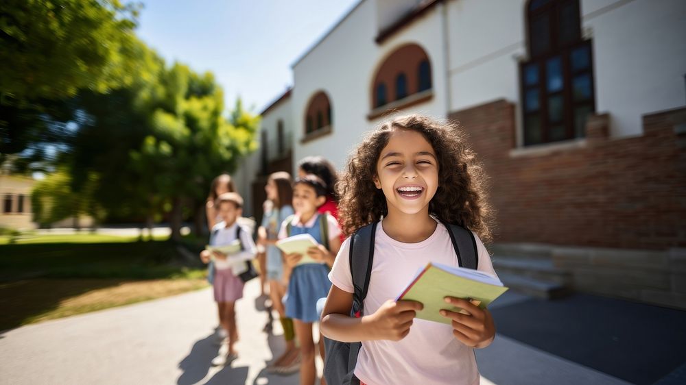 a photo of a elementary school students in front of a elementary school in summer.  