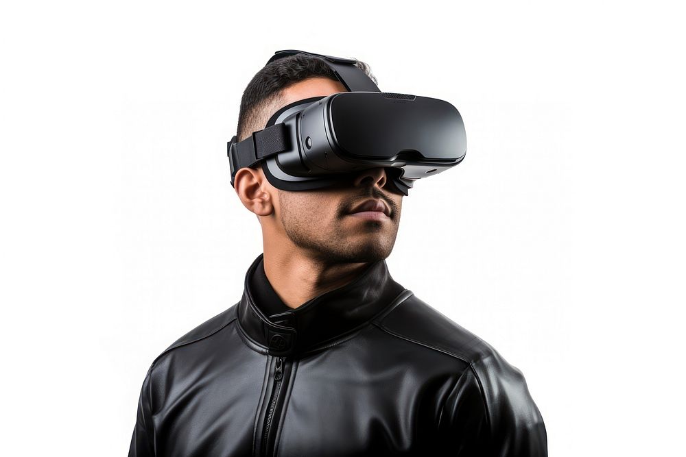 A person wearing a vr headset photo white background photography. 