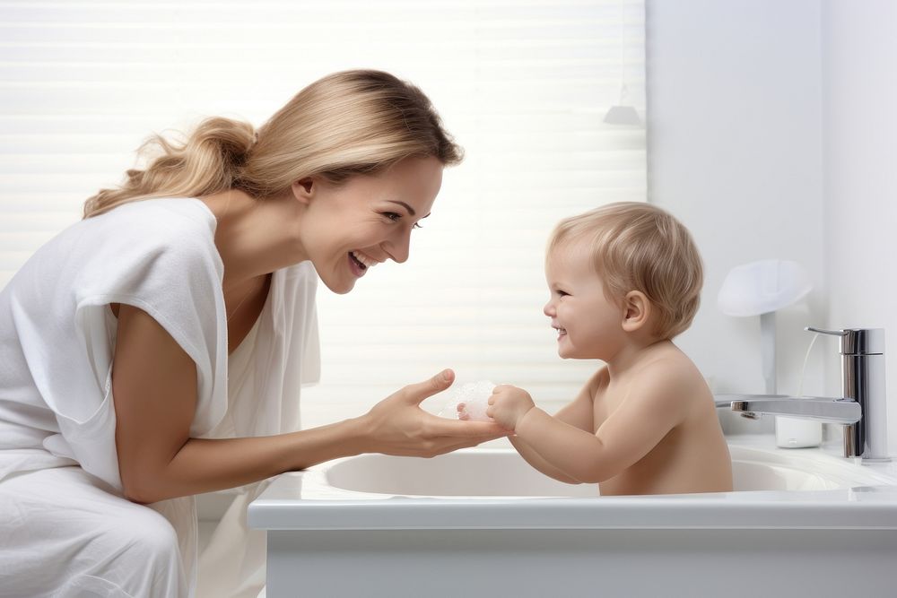 Toddler hygiene bathing adult. AI generated Image by rawpixel.