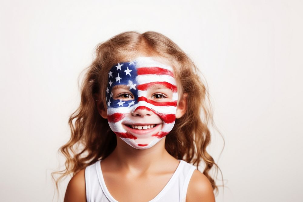 American flag face paint children smile. 