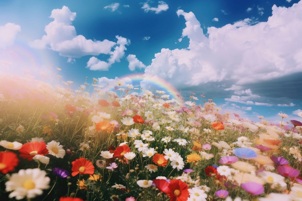 Flower field, beautiful rainbow sky. 