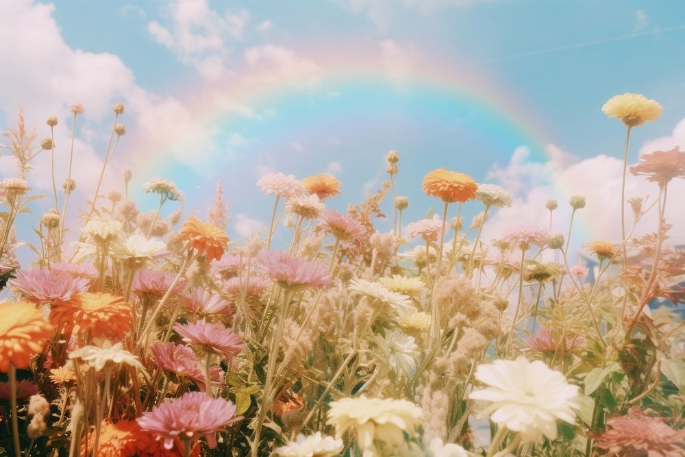 Flower field, beautiful rainbow sky. 