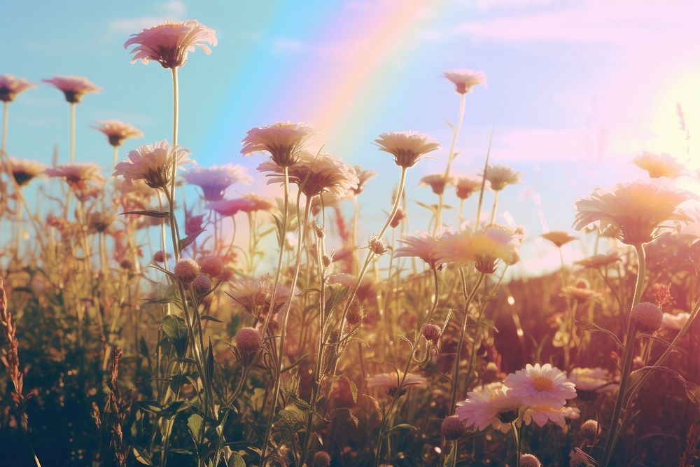 Flower field, beautiful rainbow sky. 