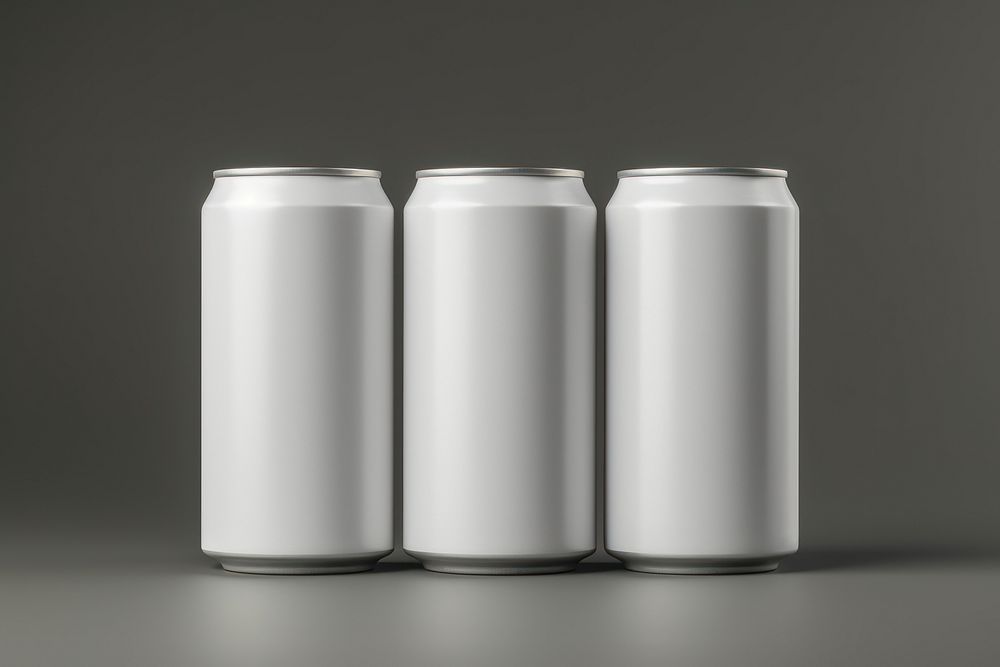 Matte white 3 soda Cans drink refreshment studio shot. 