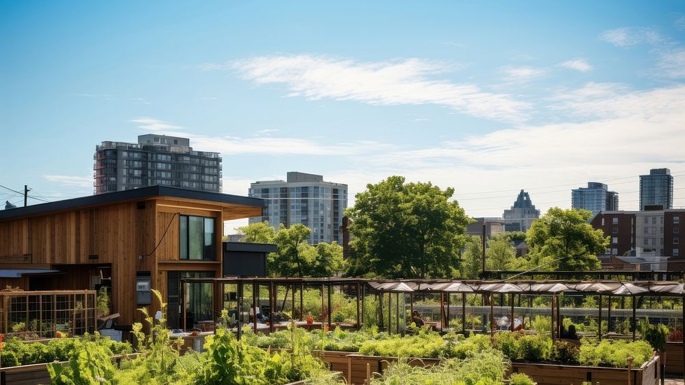 Image of a community garden in an urban setting, showcasing raised beds and composting units, emphasizing local food…