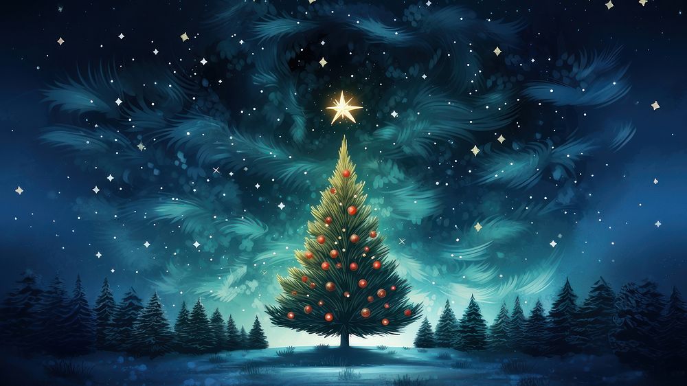 illustration of Christmas tree on starry night background. AI generated Image by rawpixel. 