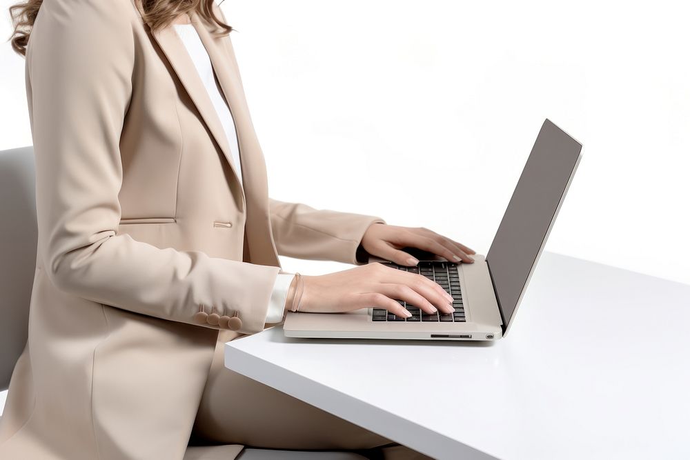 Female office worker computer laptop typing. 