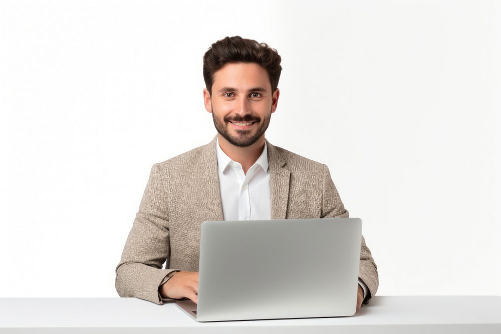 A smiling office worker working behind a laptop computer portrait sitting. AI generated Image by rawpixel.