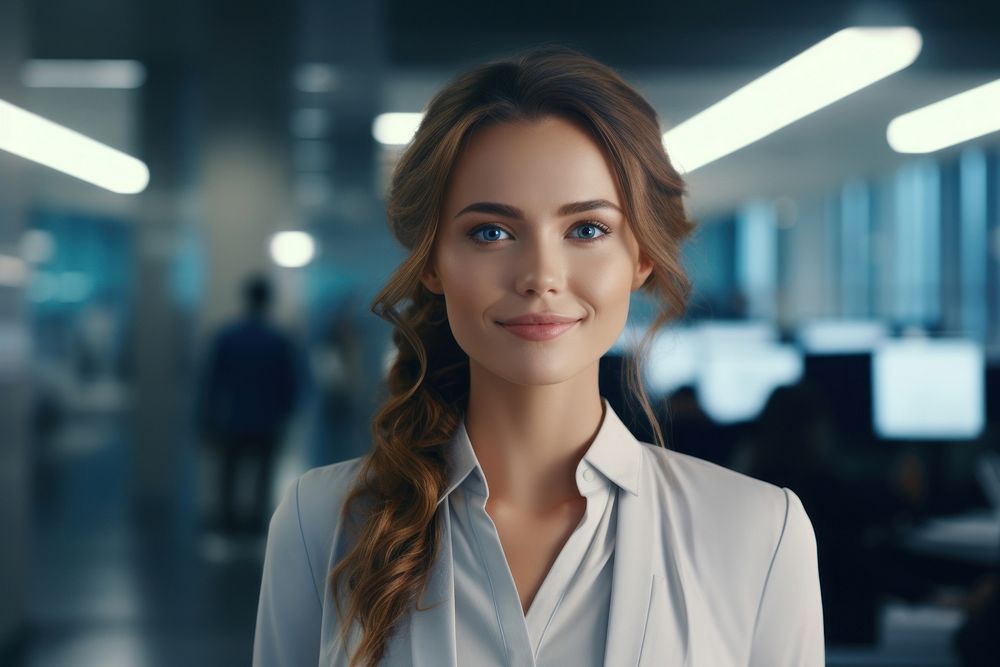 Caucasian gorgeous woman portrait smiling office. 