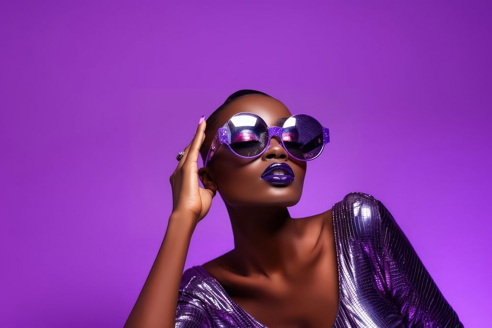 Black glamorous female model sunglasses purple portrait. 