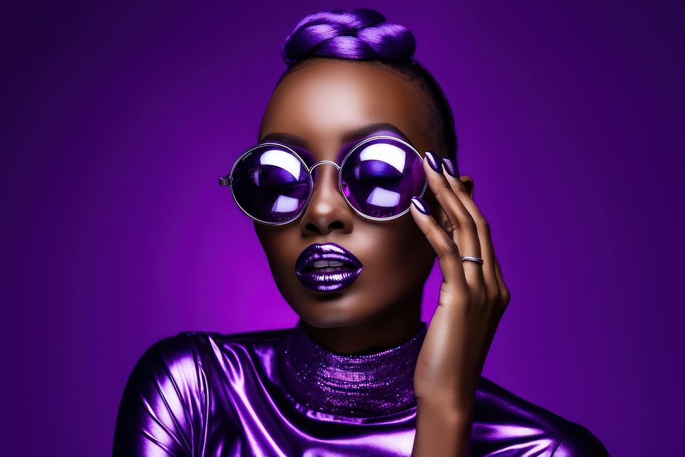 Female model sunglasses purple lipstick. 