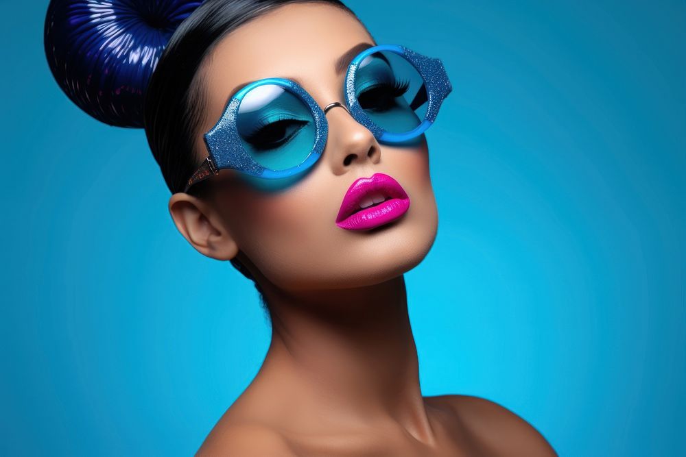 Female model sunglasses lipstick portrait. 