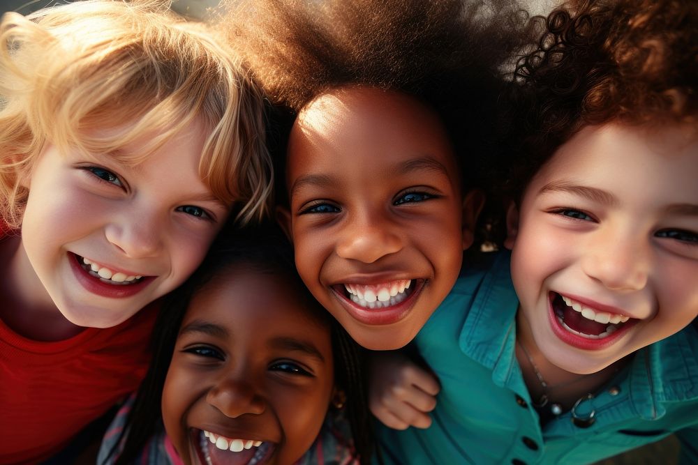 Different race kids laughing portrait child. 