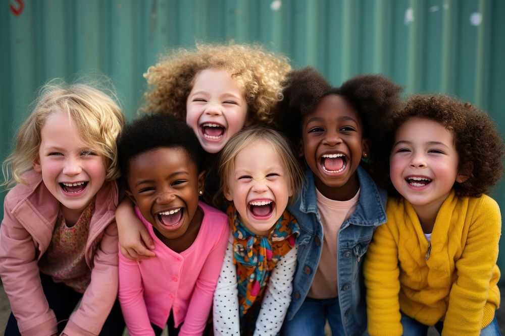 Different race kids laughing smile child. 