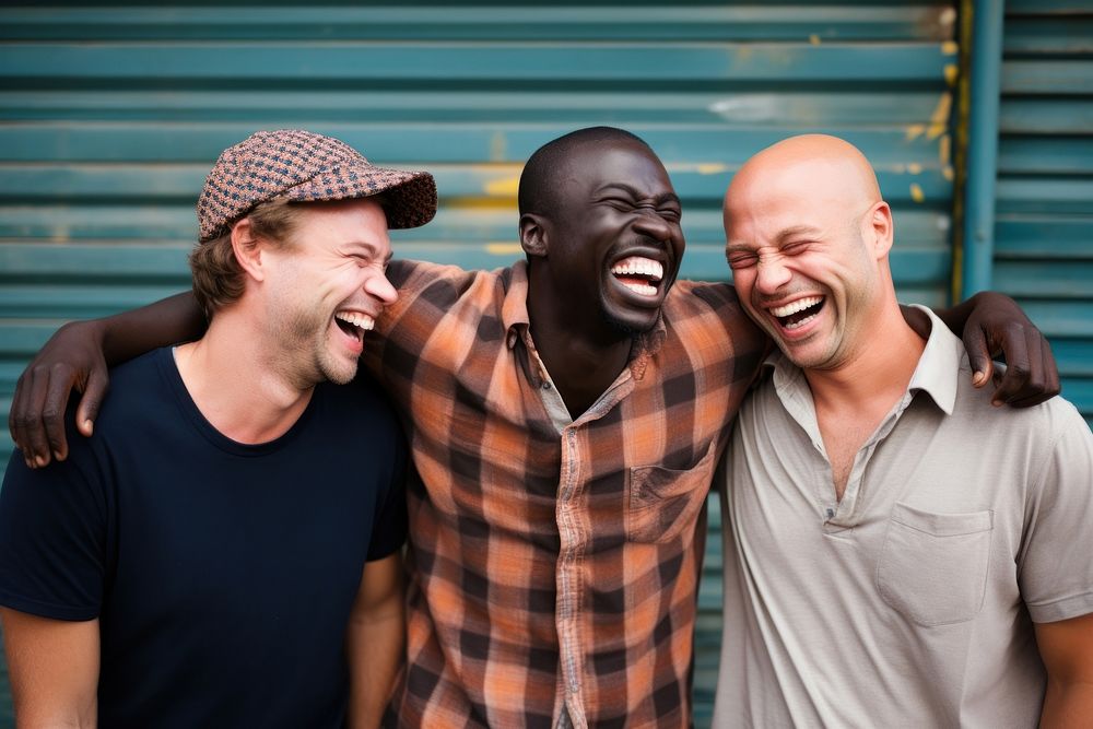 Different race men laughing adult togetherness. 