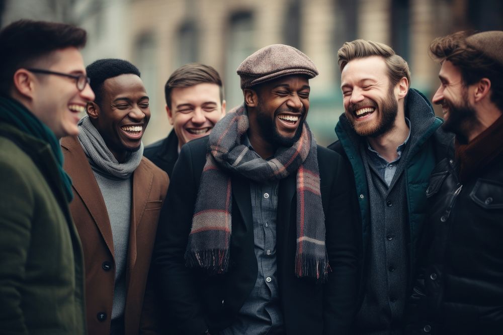 Different race men laughing adult togetherness. AI generated Image by rawpixel.