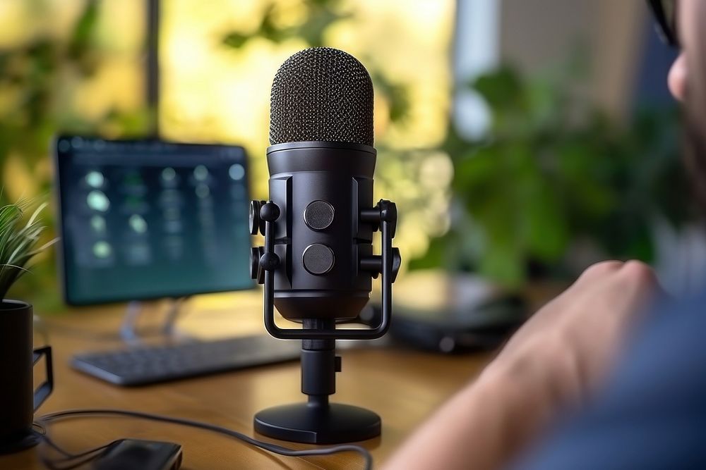 Influencer microphone recording computer. AI generated Image by rawpixel.