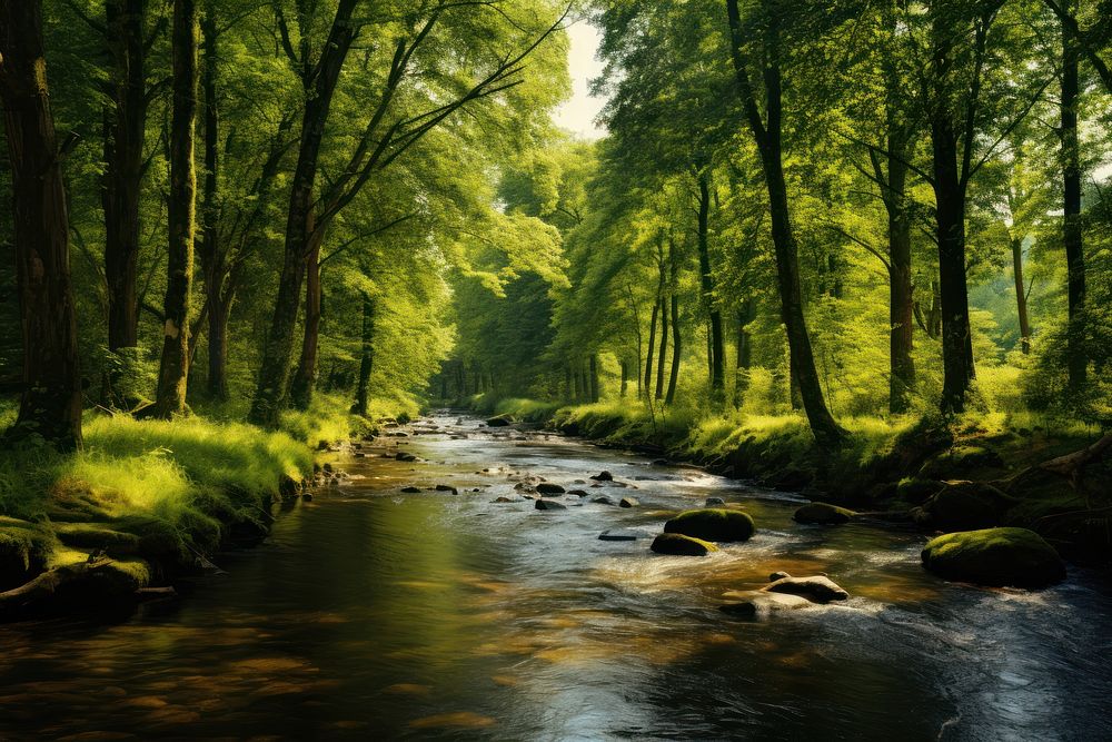 Thick forest have river flowing vegetation landscape outdoors. AI generated Image by rawpixel.