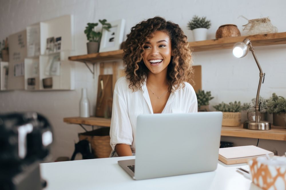 Influencer computer laptop smile. AI generated Image by rawpixel.