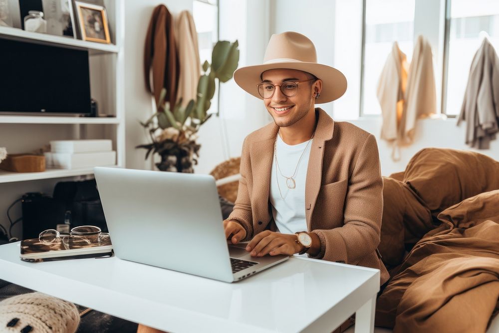 Influencer furniture computer sitting. 