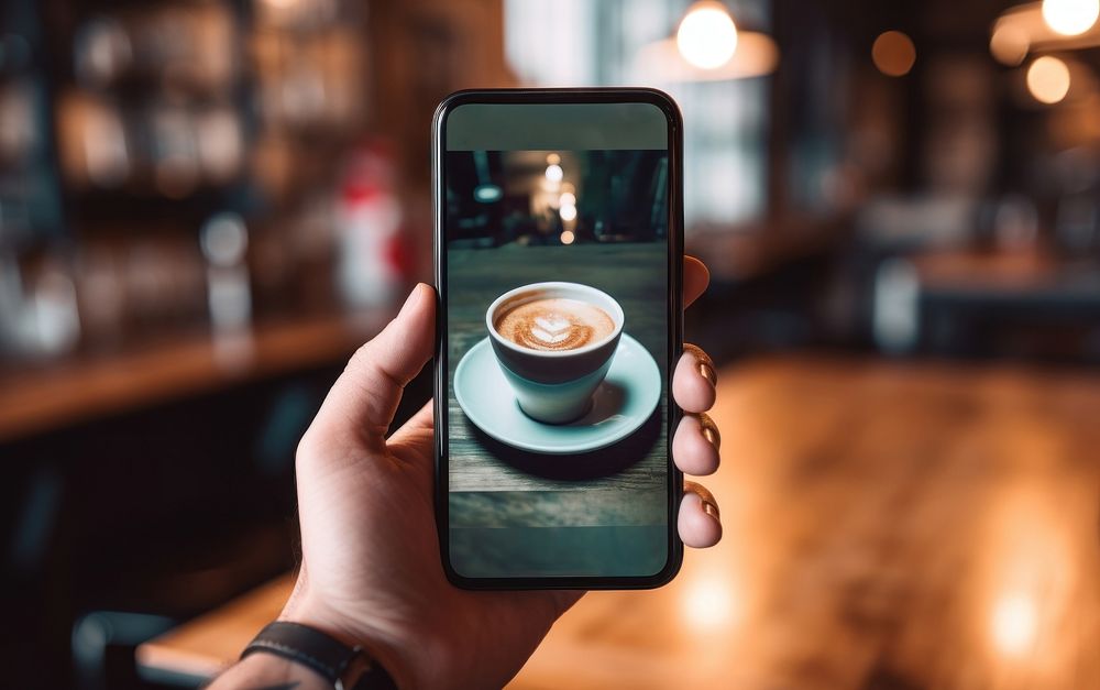 Influencer coffee drink phone. AI generated Image by rawpixel.