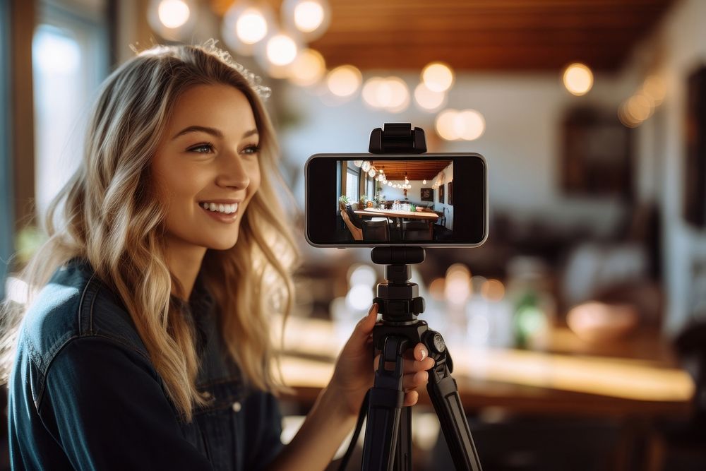 Influencer filming tripod selfie. AI generated Image by rawpixel.