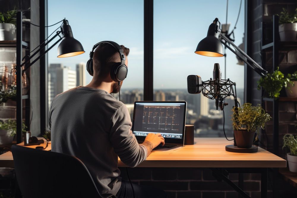 Influencer headphones furniture computer. 