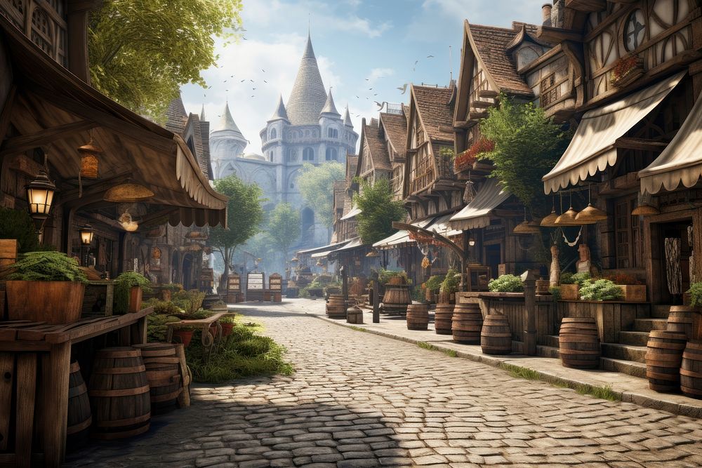 Medieval marketplace street outdoors village. AI generated Image by rawpixel.