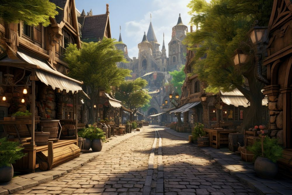 Medieval marketplace street outdoors village. AI generated Image by rawpixel.