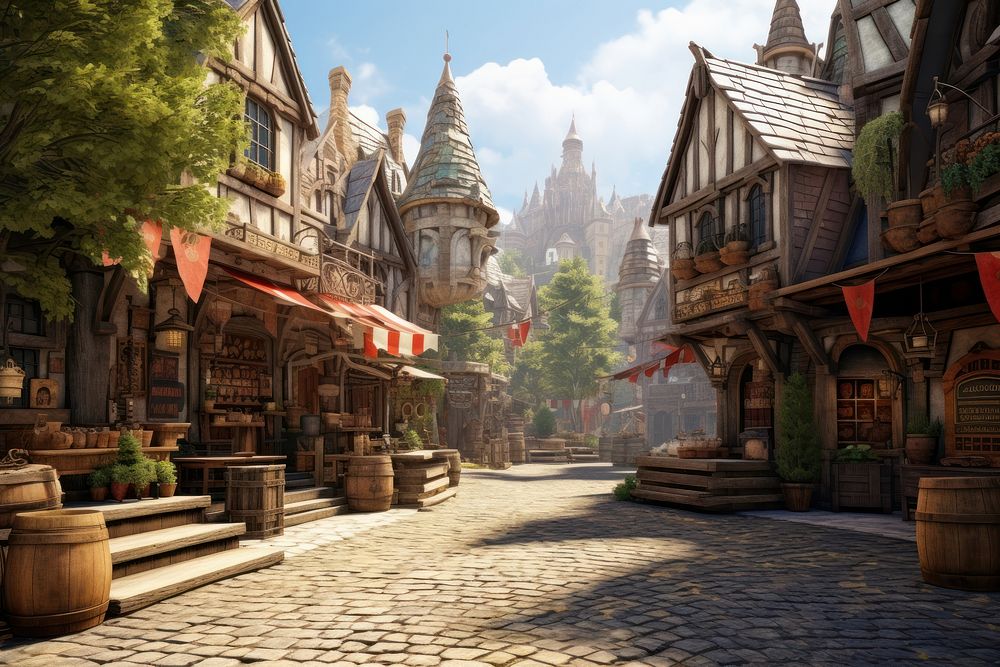 Medieval marketplace street landscape outdoors. AI generated Image by rawpixel.