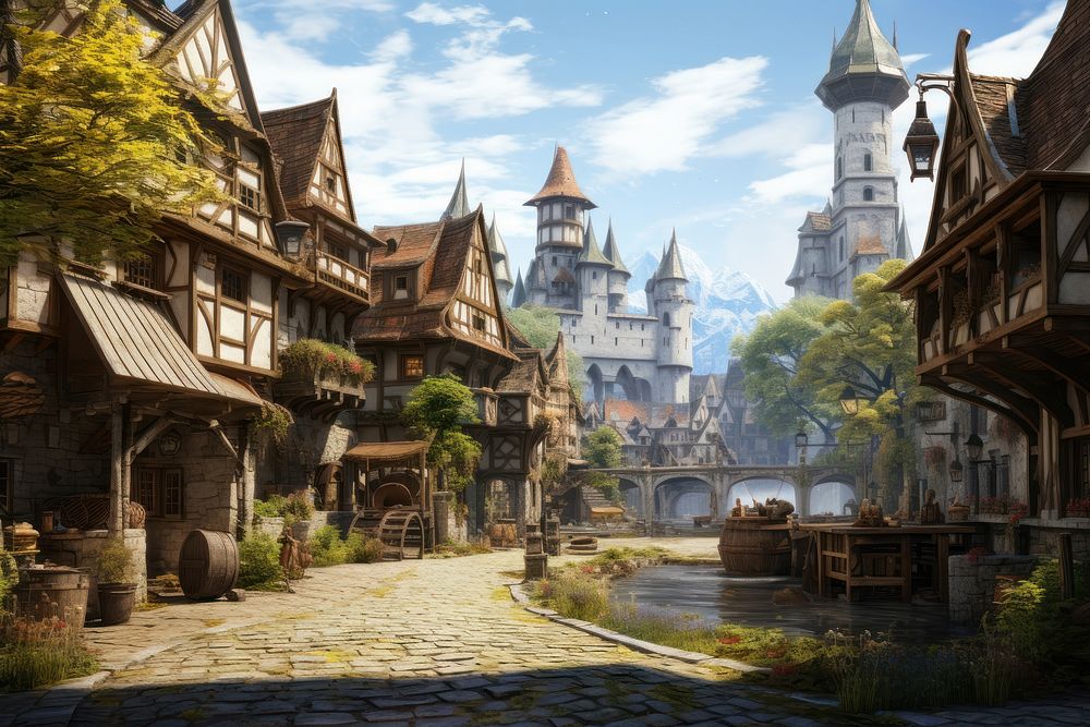 Medieval marketplace street landscape outdoors. AI generated Image by rawpixel.