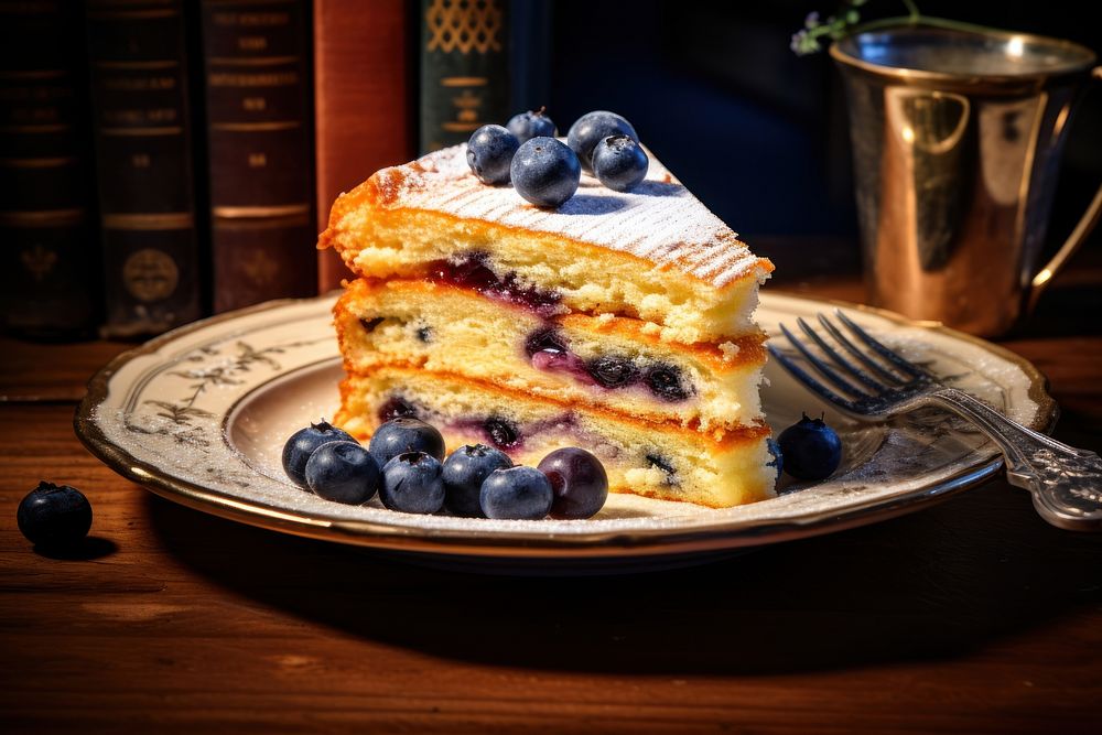 Blueberry cake plate cheesecake dessert. 