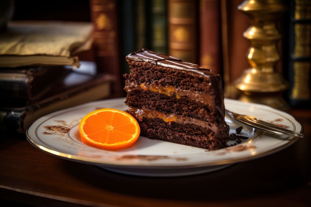 Chocolate cake plate dessert orange. 