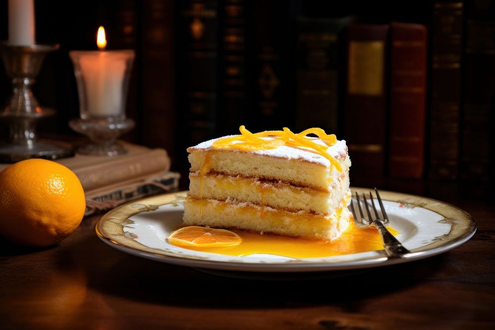 Lemon cake plate dessert candle. AI generated Image by rawpixel.