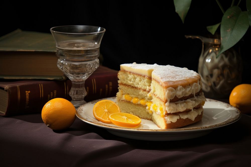 Lemon cake plate dessert fruit. AI generated Image by rawpixel.