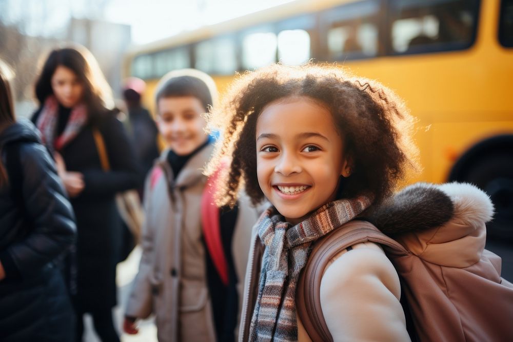 School bus child portrait adult. 