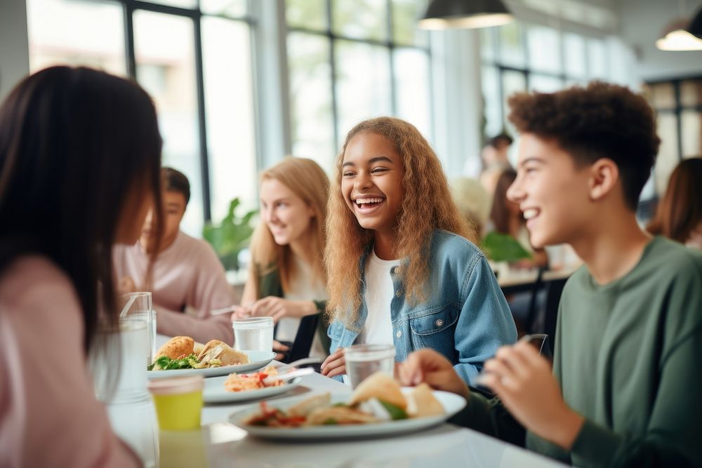 School cafeteria laughing lunch. AI | Free Photo - rawpixel