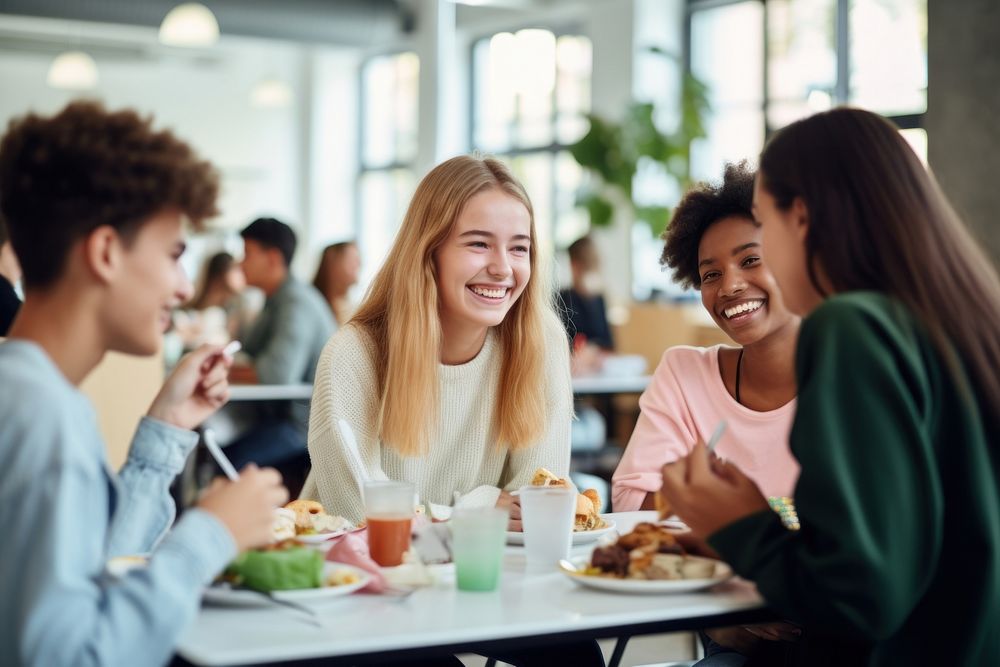 School cafeteria laughing coffee. AI | Free Photo - rawpixel