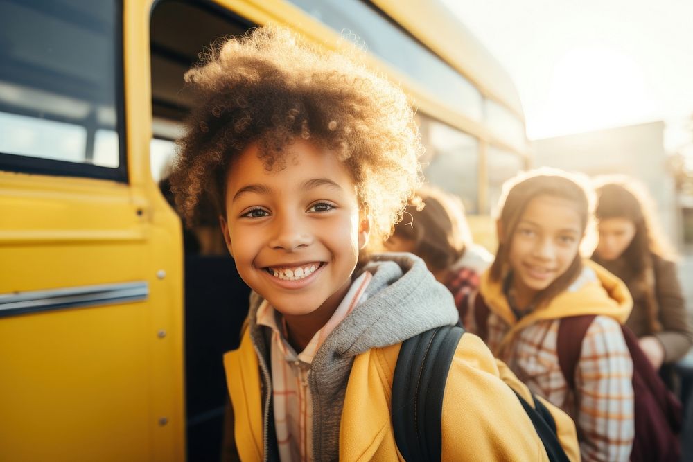 School bus smile togetherness architecture. AI generated Image by rawpixel.