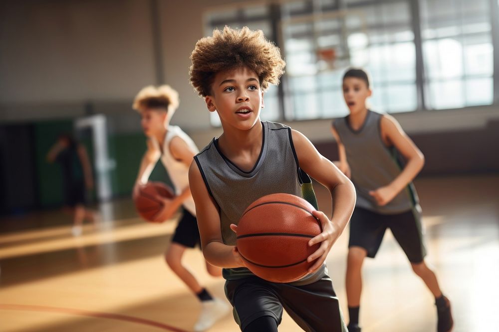 School basketball practicing sports. 