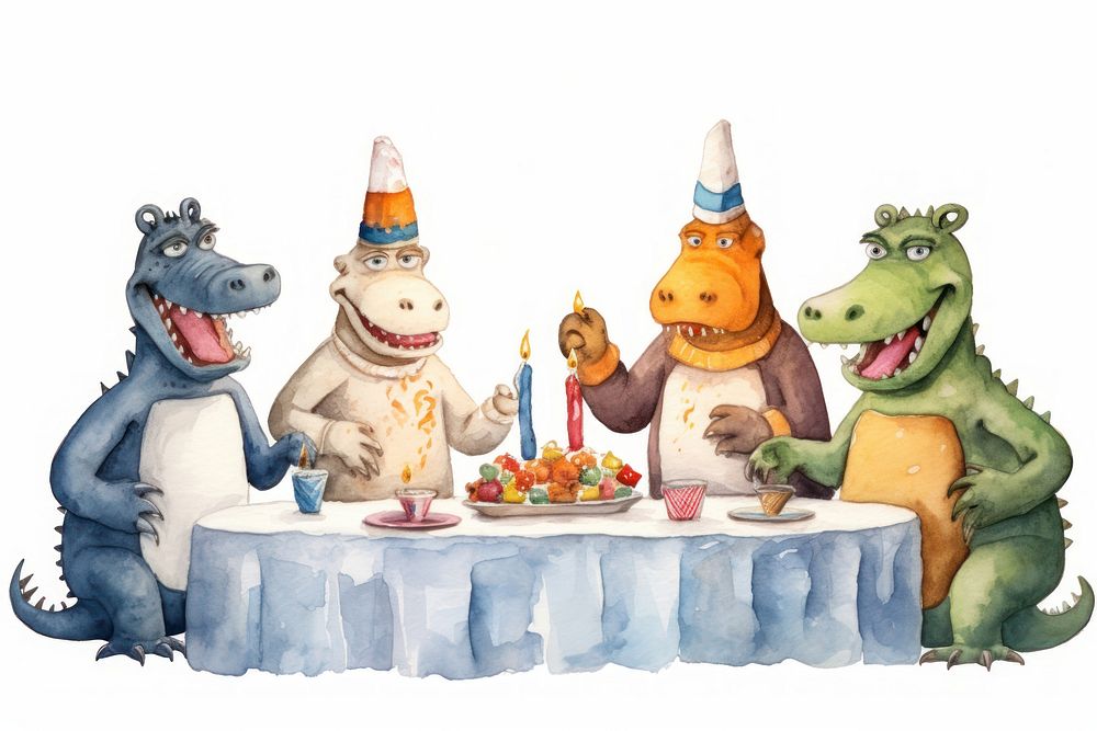 Alligators celebrating Thanksgiving dessert cartoon human. AI generated Image by rawpixel.